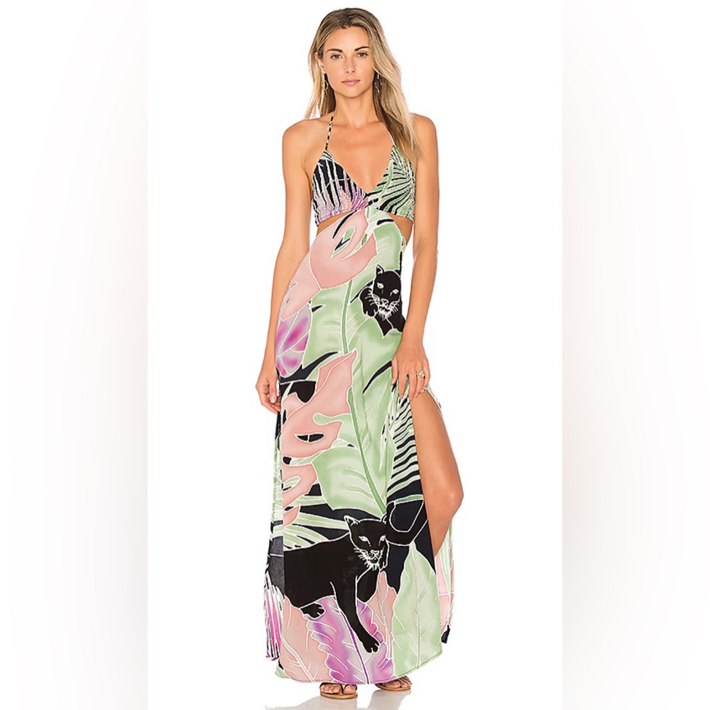 Indah Tropical Cat Print Maxi Dress in Pastel Green, Pink & Black